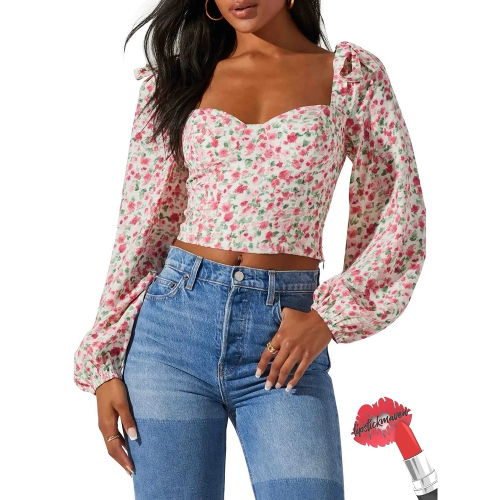 ASTR THE LABEL Top Womens Medium Pink Floral Tie Shoulder Blouse Crop Coquette